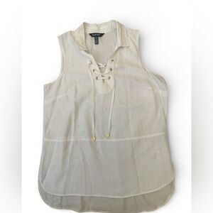 Ellen Tracy White Sleeveless Top L Lace Up Collar Tunic Tencel Hi Lo NWT $79.50